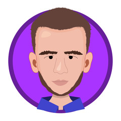 cool emblem cartoon face man on violet background