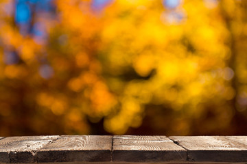 Naklejka na ściany i meble Rustic textured wooden board table in front of unfocused beautiful yellow autumn trees background. Ready for product placement template.