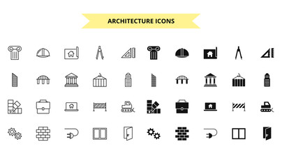 Architecture silhouettes and outline style vector icons set