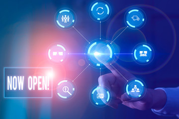 Word writing text Now Open. Business photo showcasing leave door or windows not closed or barred at this current time Picture photo system network scheme modern technology smart device
