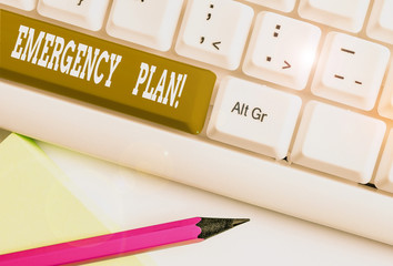 Text sign showing Emergency Plan. Business photo showcasing actions developed to mitigate damage of potential events White pc keyboard with empty note paper above white background key copy space