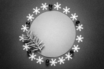 Winter Christmas circle template with snowflakes in black and white