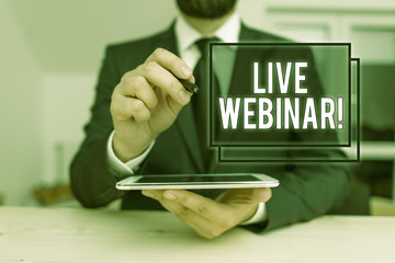 Conceptual hand writing showing Live Webinar. Concept meaning presentation lecture or seminar...