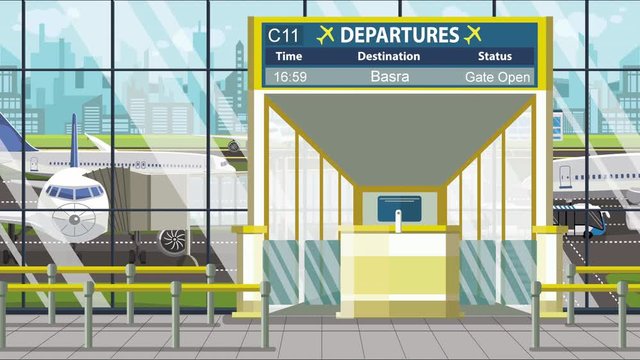 Airport terminal. Departure board above the gate with Basra text. Travel to Iraq loopable cartoon animation