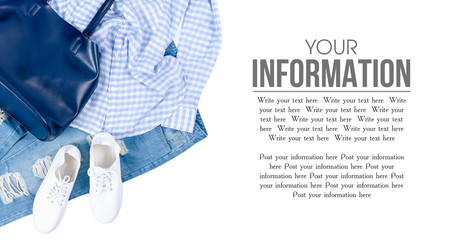 Collection collage woman clothes shirt blue bag jeans sneakers on white background flat lay, top view, space for textite background