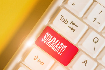 Writing note showing Summary. Business concept for brief statement or account of main points of...
