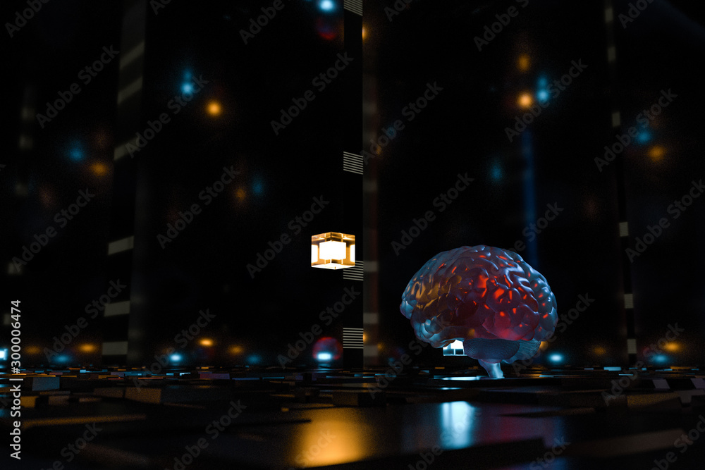 Poster brain and dark cubic space background, 3d rendering.