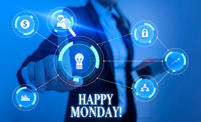 Text sign showing Happy Monday. Business photo text telling that demonstrating order to wish him great new week Woman wear formal work suit presenting presentation using smart device