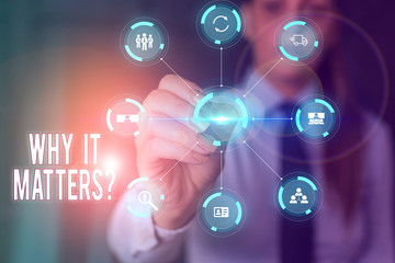 Conceptual hand writing showing Why It Matters Question. Concept meaning most important thing to be done when involved in situation Picture photo network scheme with modern smart device