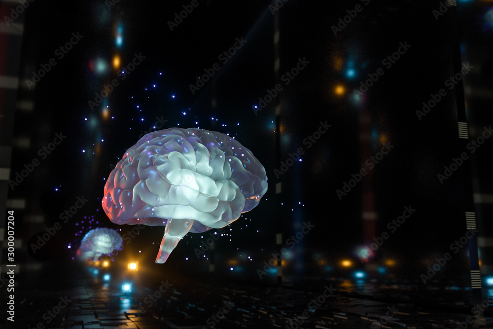 Poster brain and dark cubic space background, 3d rendering.