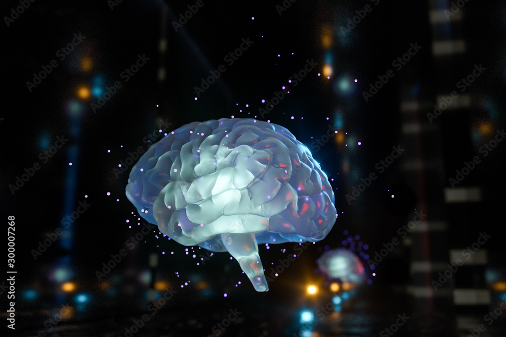 Poster brain and dark cubic space background, 3d rendering.