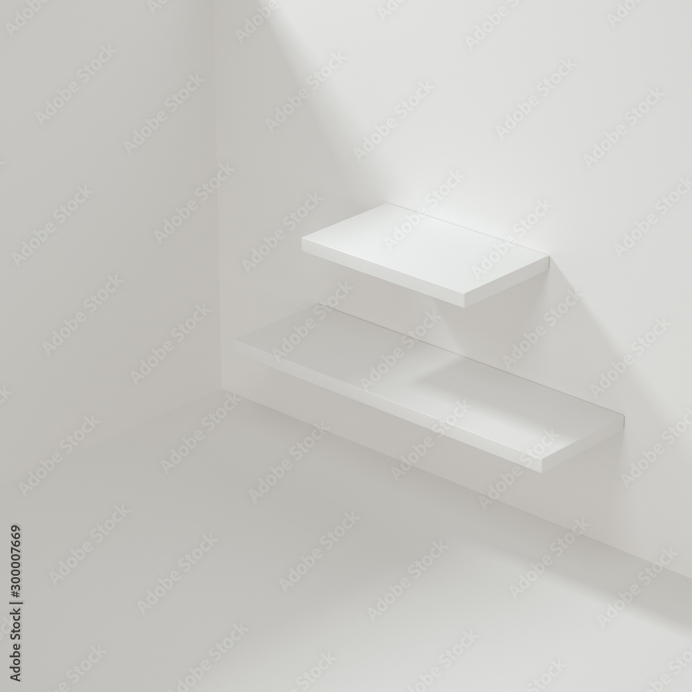 Poster white empty cube shelf in the empty room, 3d rendering.