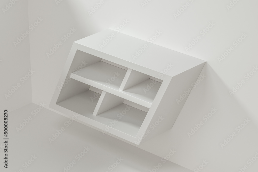 Poster white empty cube shelf in the empty room, 3d rendering.