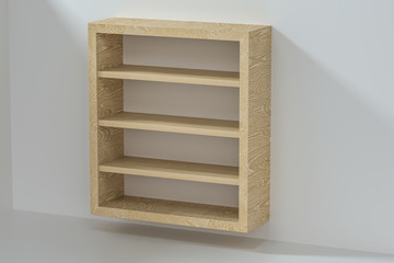 Empty wooden cube shelf in the empty room, 3d rendering.