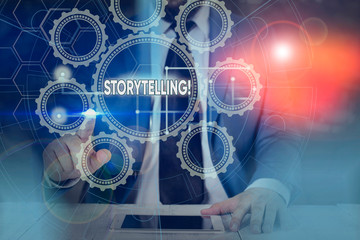 Text sign showing Storytelling. Business photo showcasing activity writing stories for publishing them to public Picture photo system network scheme modern technology smart device