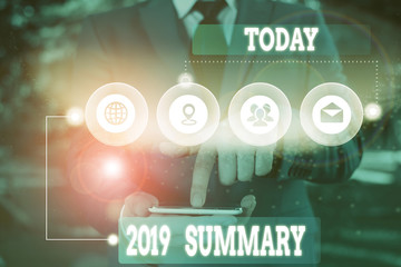 Text sign showing 2019 Summary. Business photo showcasing brief comprehensive especially covering...