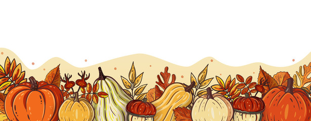 Horizontal vector banner, poster, card or frame design with orange pumpkins and autumn leaves. Seasonal fall border for greeting or promotion. Autumn harvest, market, thanksgiving, halloween template