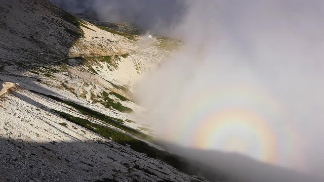 Scenic footage of the optical illusion Brocken Spectre.