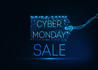 Futuristic glowing low poly cyber Monday concept with price tag and text on dark blue background.