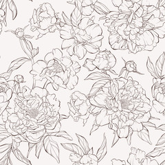 Vintage seamless pattern with blossoming peony flowers on white