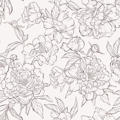 Fototapete Vintage-Stil Nahtloses Muster der Weinlese mit blühenden Pfingstrosenblumen auf Weiß