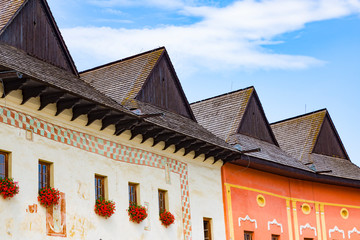 Colorful facades of a medieval houses. Town Spisska Sobota . Poprad , Slovakia.
