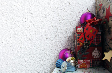 View of a Christmas background with christmas balls, gifts and decoration