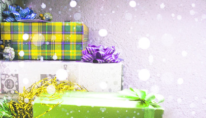 Christmas gifts on white wall background, Christmas, Happy Holidays, Merry Christmas, Happy New Year, snow