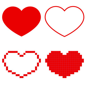 Four red vector hearts in simple, line and pixel version isolated on white background.