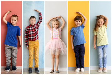 Collage of photos with little children measuring height near walls