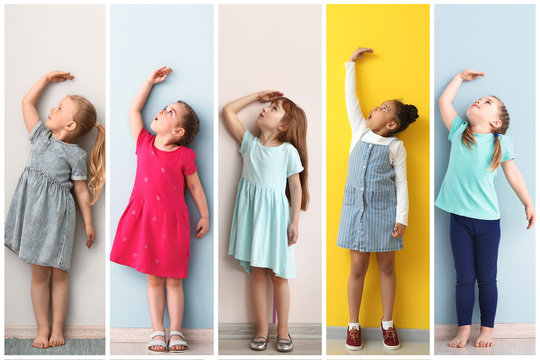 Collage of photos with little children measuring height near walls