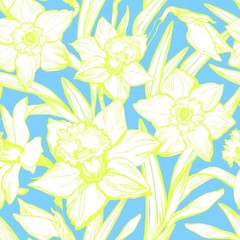 Spring gentle floral seamless pattern with white flowers daffodils on blue sky background. Textile composition, ink hand drawn style print. Vector illustration.