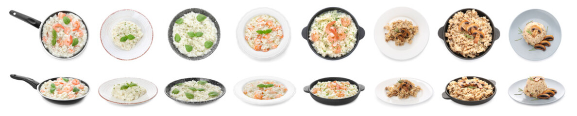 Collage with tasty risotto on white background