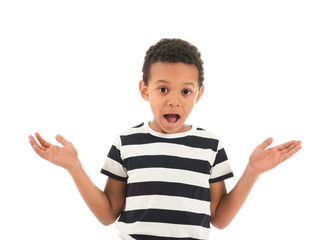 Surprised African-American boy on white background