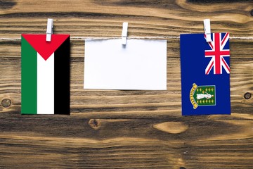 Hanging flags of Palestine and British Virgin Islands attached to rope with clothes pins with copy...