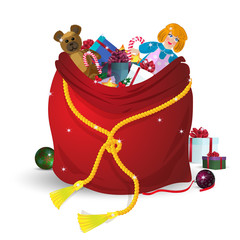 Santa's bag full of Christmas gifts for kids. Red with a Golden cord, in a magical glitter. Isolated on white background. Vector illustration in cartoon vintage style.