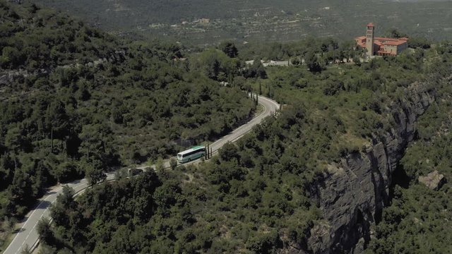 Road in the Mountains, Montserrat Spain near Barselona city Drone shot