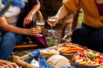 Two friends are chatting on a small private party and raising glasses of wine. Bright colors, evening light. Fresh fruits and light snacks on the table