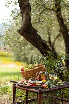 Romantic picnic under olive tree. Delicious italian meal served on a wooden table. Baskets with food, branches in glass jar. Sunny autumn day. Italy, Tuscany