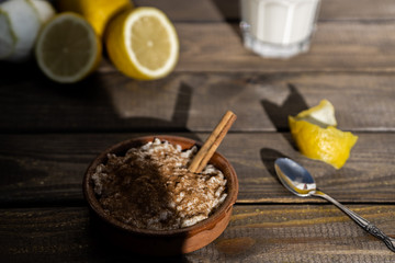 Rice pudding, lemons and milk