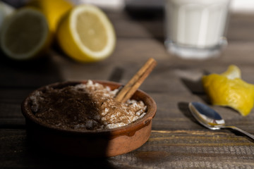 Rice pudding, lemons and milk