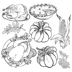Thanksgiving set. Turkey, pumpkin, pie, corn, autumn leaf, rowanberry, roast turkey. Happy Thanks giving day vector hand drawnillustration isolated on white background