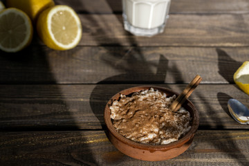 Rice pudding, lemons and milk