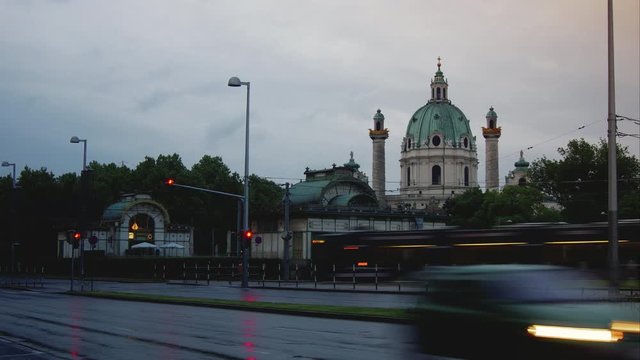 VIENNA ,Austria: Tramway in Karlsplatz square. time lapse