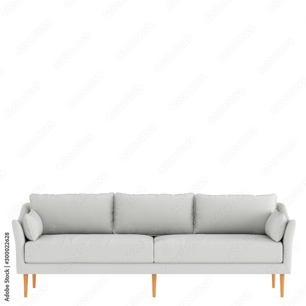 Poster white cloth sofa front view on an isolated background. 3d rendering