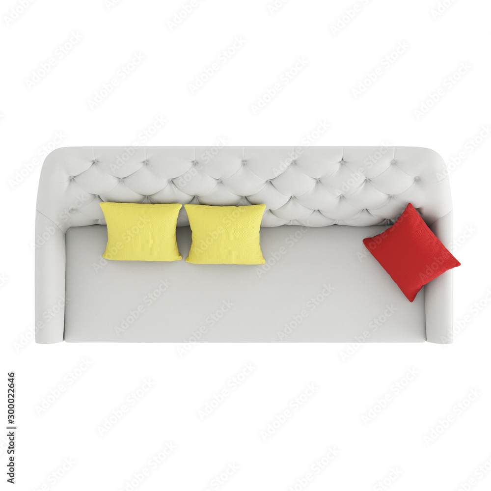 Poster bright sofa with three colored pillows top view on an isolated background. 3d rendering