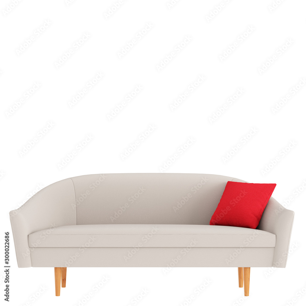 Poster beige sofa with a red pillow front view on an isolated background. 3d rendering