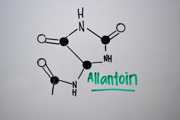 Allantoin or called 5-uredohydantoin molecule write on the white board. Structural chemical...