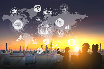Double exposure Silhouette of the engineering team is working at the oil and gas refinery in a large energy industrial ,and physical system icons concept, Industry 4.0 concept.