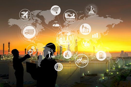 Double exposure Silhouette of the engineering team is working at the oil and gas refinery in a large energy industrial ,and physical system icons concept, Industry 4.0 concept.